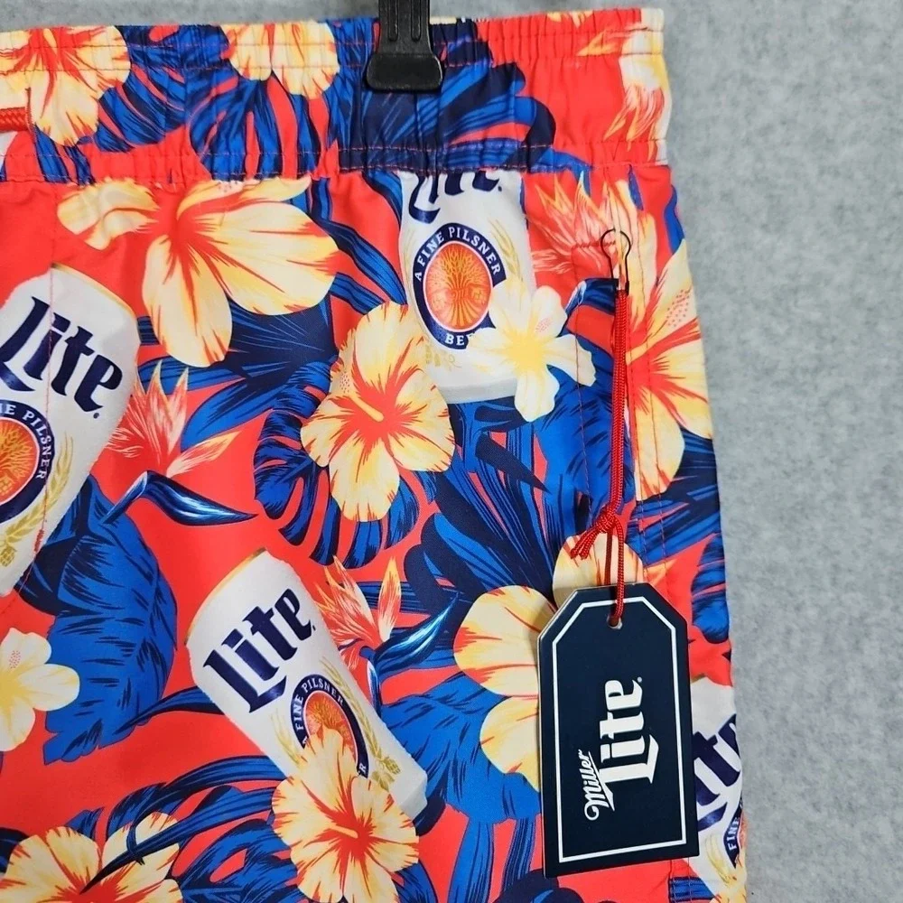 Miller Lite Tropical Floral Swim Trunk Shorts Mens Size‎ Med New Hawaiian Beach